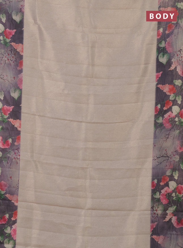 Tissue saree cream and violet with allover zari weaves and floral digital printed border