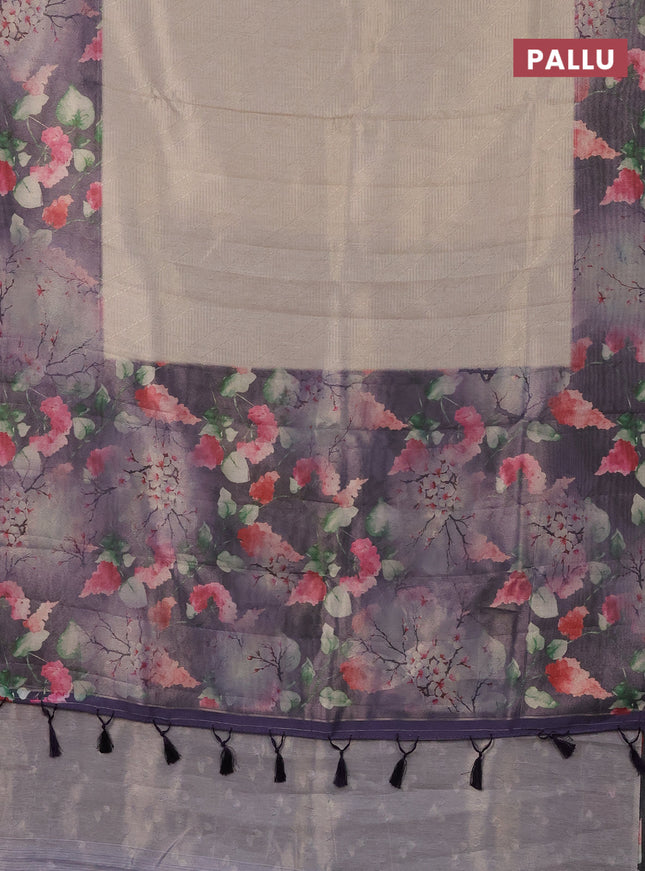 Tissue saree cream and violet with allover zari weaves and floral digital printed border
