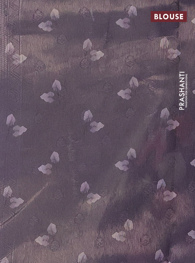 Tissue saree cream and violet with allover zari weaves and floral digital printed border