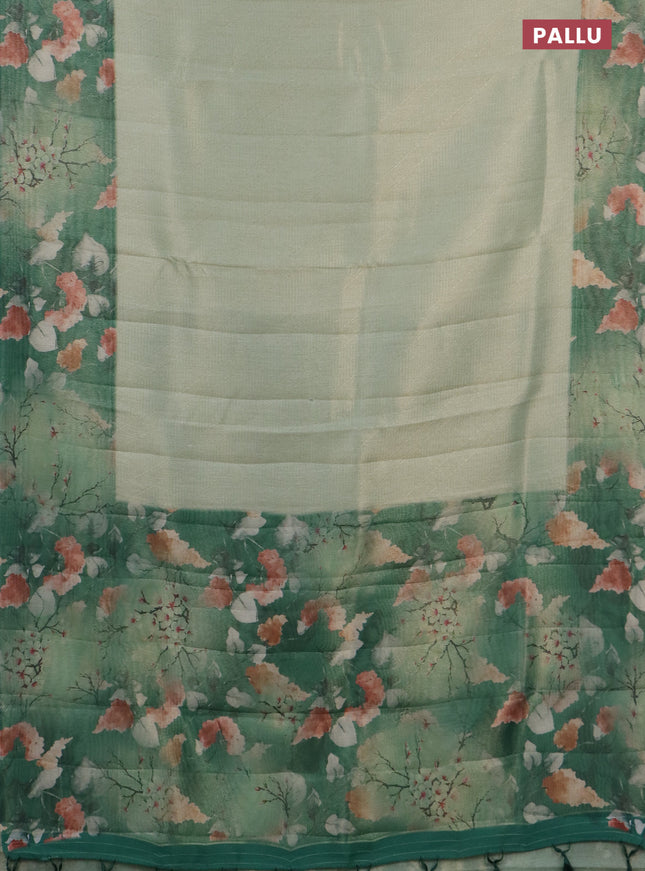 Tissue saree pastel green and green with allover zari weaves and floral digital printed border