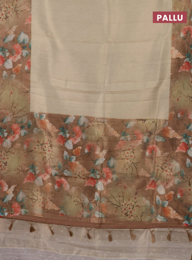 Tissue saree cream and sandal with allover zari weaves and floral digital printed border