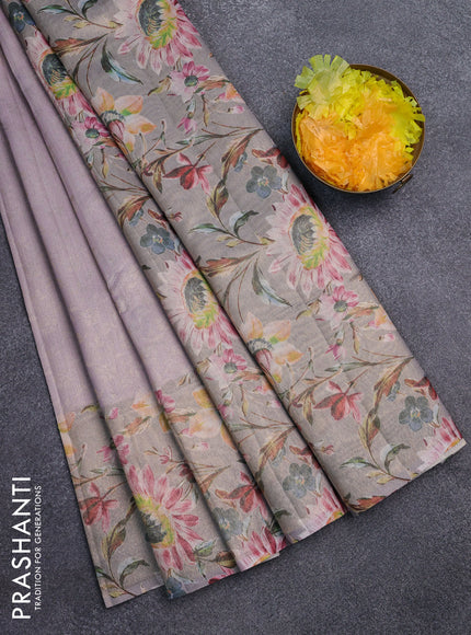Tissue saree mild lavender and grey with allover zari weaves and floral digital printed border