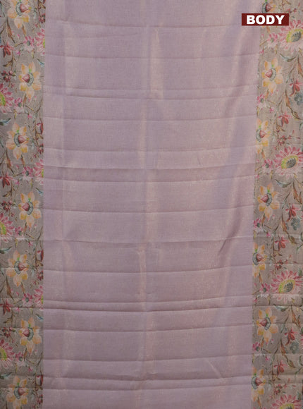 Tissue saree mild lavender and grey with allover zari weaves and floral digital printed border
