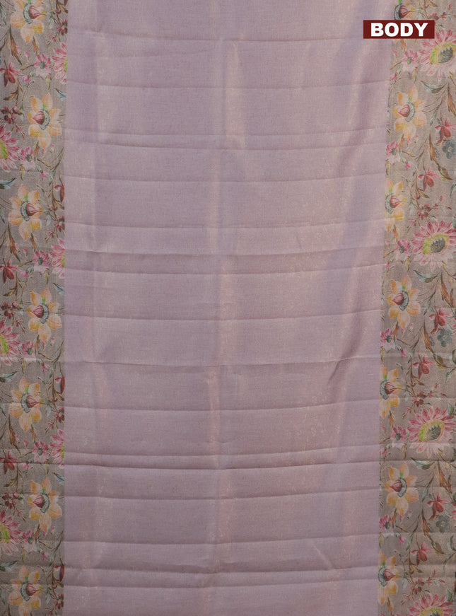 Tissue saree mild lavender and grey with allover zari weaves and floral digital printed border