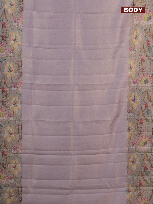 Tissue saree mild lavender and grey with allover zari weaves and floral digital printed border