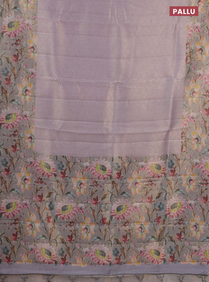 Tissue saree mild lavender and grey with allover zari weaves and floral digital printed border