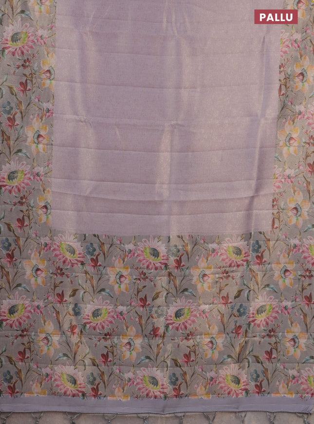 Tissue saree mild lavender and grey with allover zari weaves and floral digital printed border