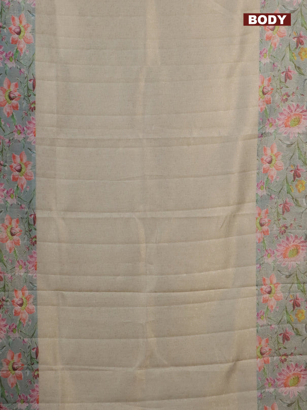Tissue saree pista green and light blue with allover zari weaves and floral digital printed border