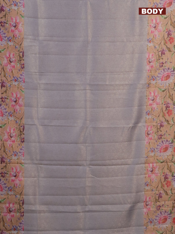 Tissue saree grey and peach orange with allover zari weaves and floral digital printed border