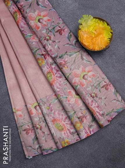Tissue saree peach pink with allover zari weaves and floral digital printed border