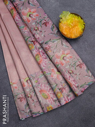 Tissue saree peach pink with allover zari weaves and floral digital printed border