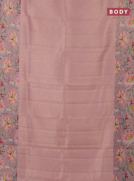 Tissue saree peach pink with allover zari weaves and floral digital printed border