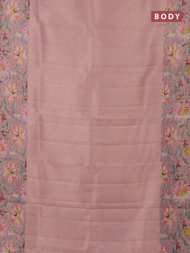 Tissue saree peach pink with allover zari weaves and floral digital printed border