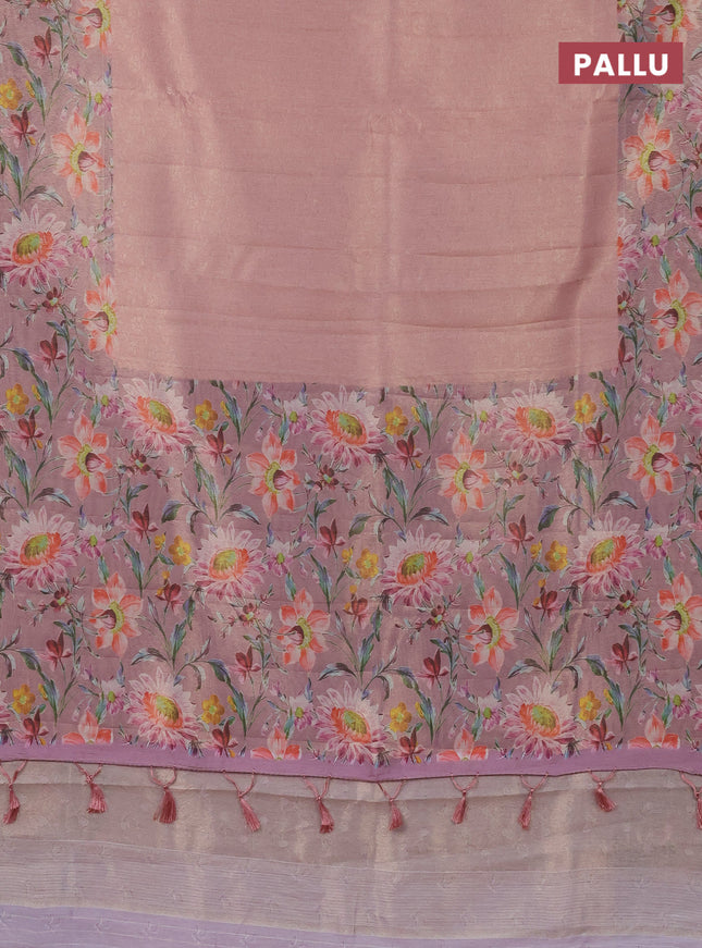 Tissue saree peach pink with allover zari weaves and floral digital printed border