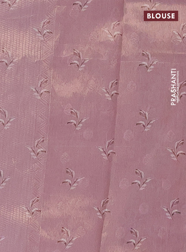 Tissue saree peach pink with allover zari weaves and floral digital printed border