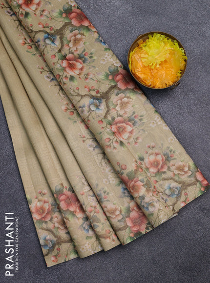 Tissue saree sandal with allover zari weaves and floral digital printed border