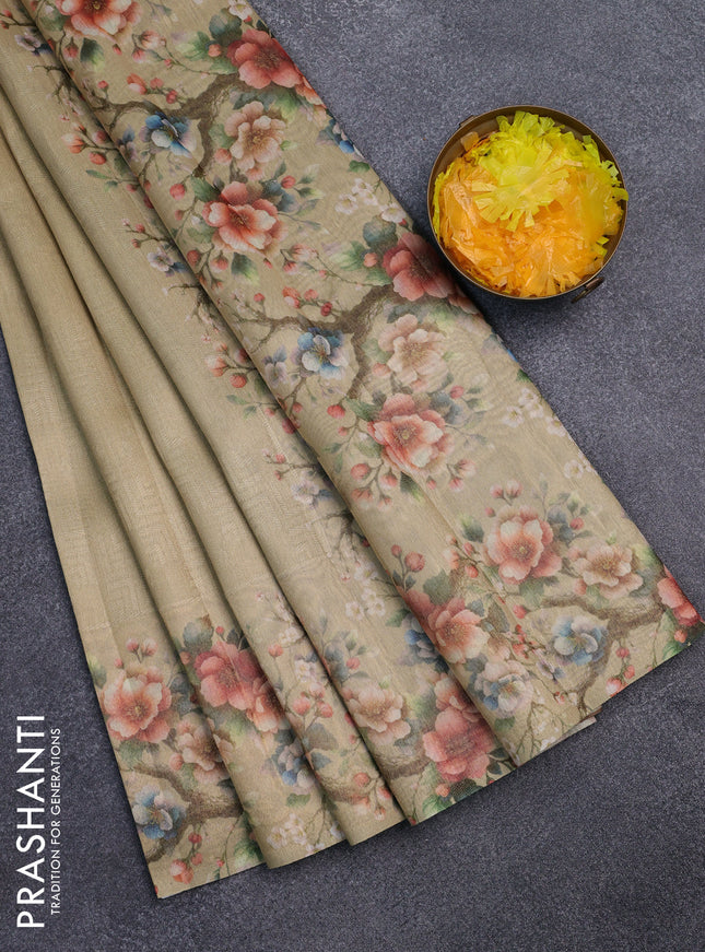 Tissue saree sandal with allover zari weaves and floral digital printed border