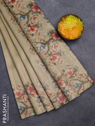 Tissue saree sandal with allover zari weaves and floral digital printed border