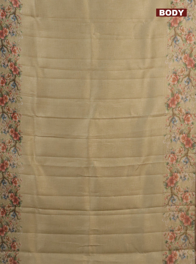 Tissue saree sandal with allover zari weaves and floral digital printed border