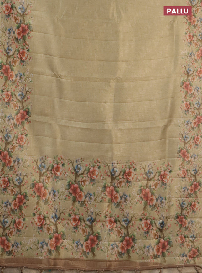 Tissue saree sandal with allover zari weaves and floral digital printed border