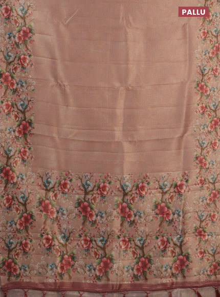 Tissue saree mild peach with allover zari weaves and floral digital printed border