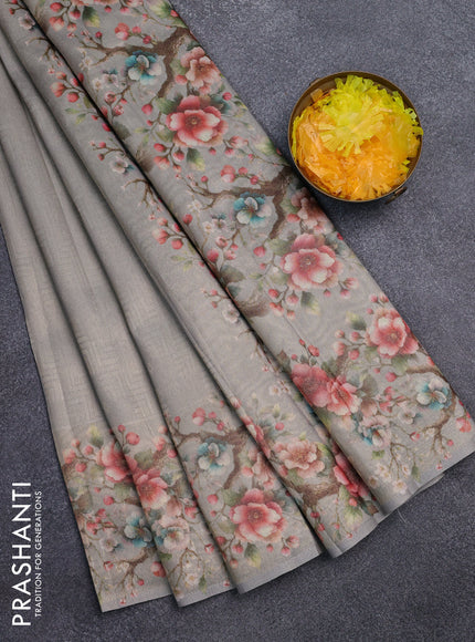 Tissue saree pastel grey with allover zari weaves and floral digital printed border
