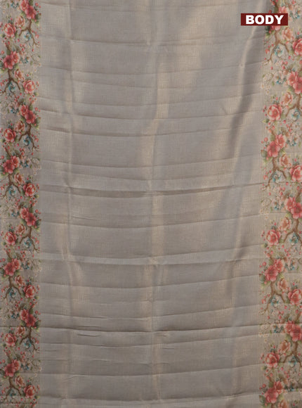 Tissue saree pastel grey with allover zari weaves and floral digital printed border
