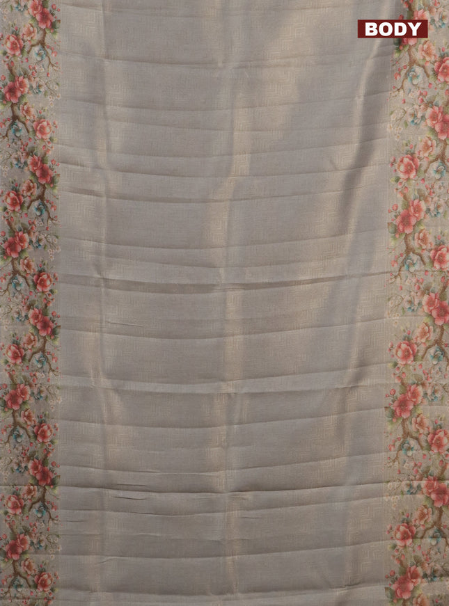 Tissue saree pastel grey with allover zari weaves and floral digital printed border