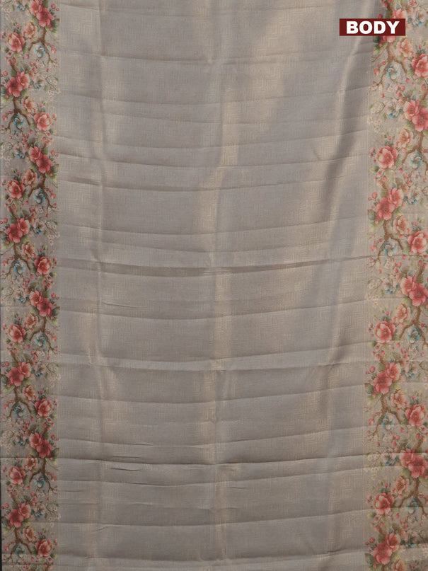 Tissue saree pastel grey with allover zari weaves and floral digital printed border