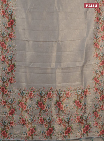 Tissue saree pastel grey with allover zari weaves and floral digital printed border