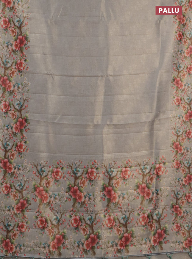 Tissue saree pastel grey with allover zari weaves and floral digital printed border