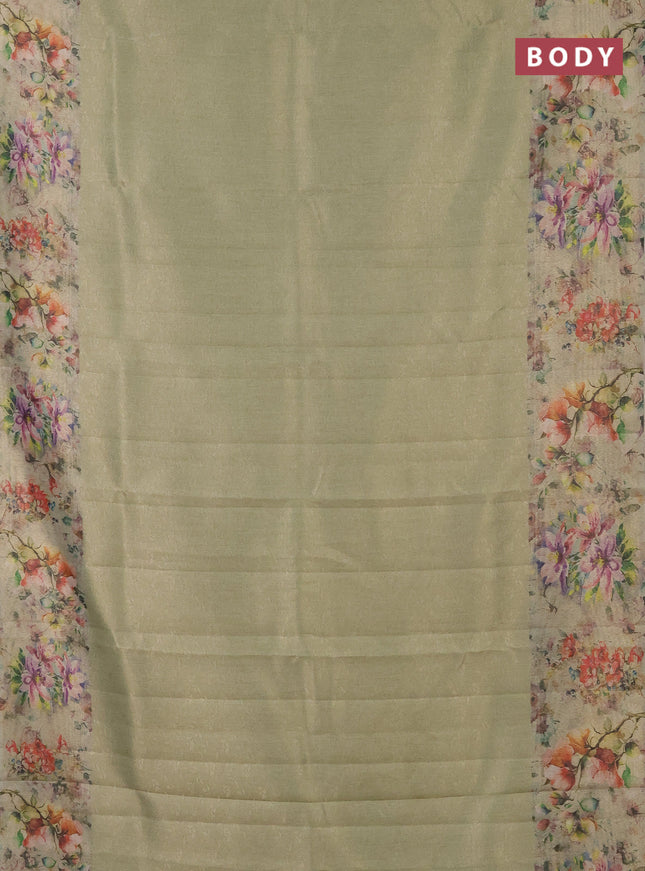 Tissue saree pista green with allover zari weaves and floral digital printed border