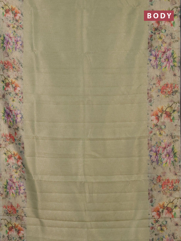 Tissue saree pista green with allover zari weaves and floral digital printed border