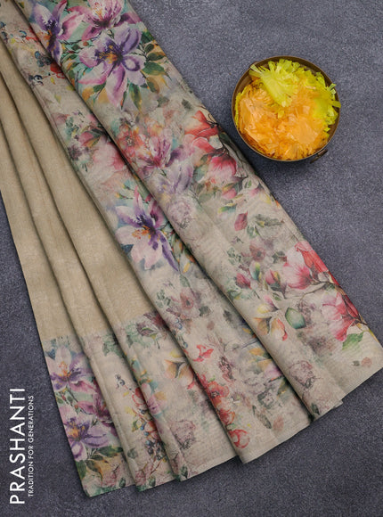 Tissue saree sandal with allover zari weaves and floral digital printed border