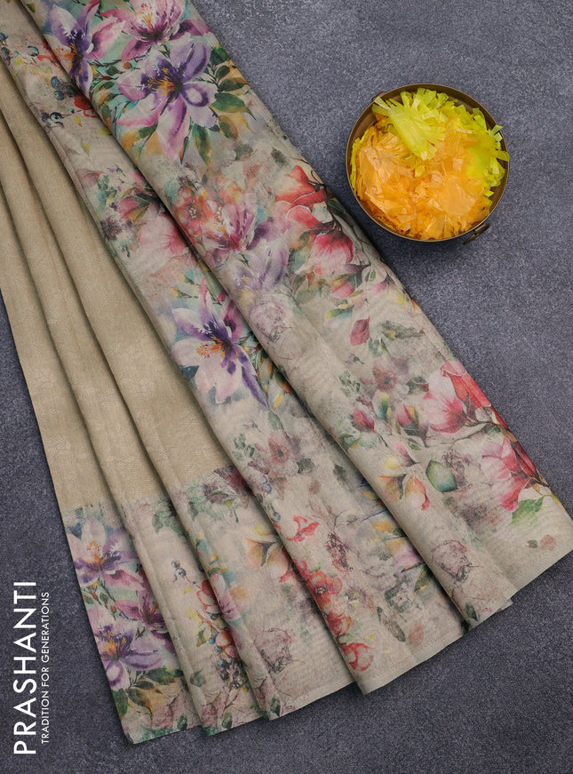 Tissue saree sandal with allover zari weaves and floral digital printed border