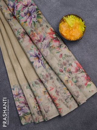 Tissue saree sandal with allover zari weaves and floral digital printed border