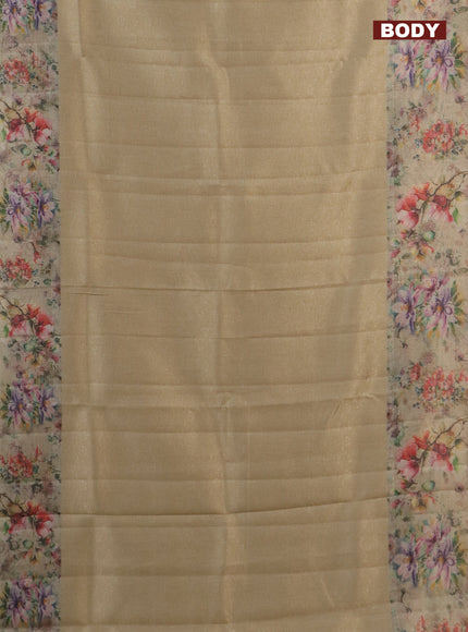 Tissue saree sandal with allover zari weaves and floral digital printed border