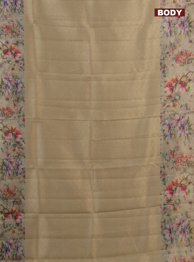 Tissue saree sandal with allover zari weaves and floral digital printed border