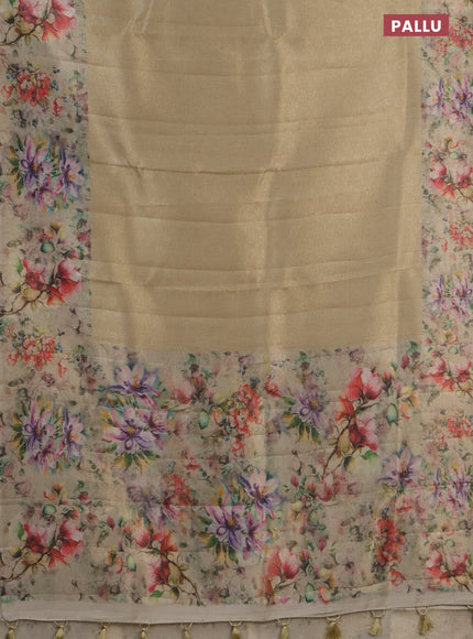 Tissue saree sandal with allover zari weaves and floral digital printed border