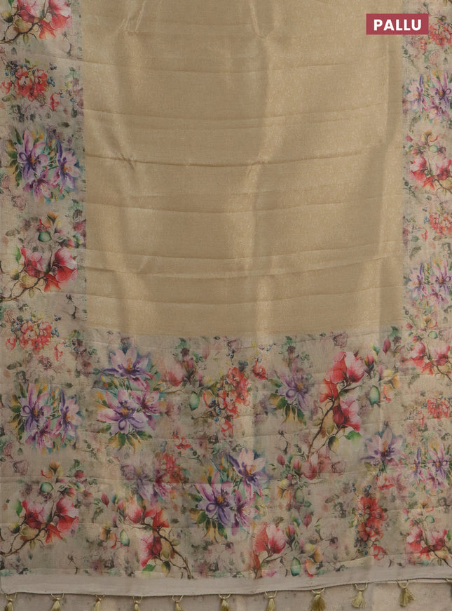 Tissue saree sandal with allover zari weaves and floral digital printed border