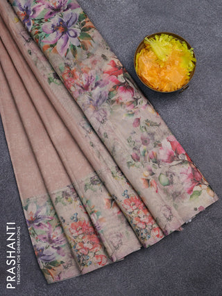 Tissue saree peach orange with allover zari weaves and floral digital printed border