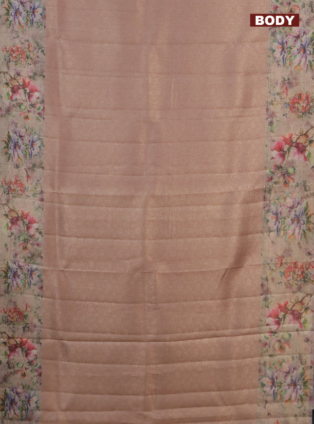 Tissue saree peach orange with allover zari weaves and floral digital printed border