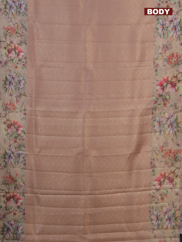 Tissue saree peach orange with allover zari weaves and floral digital printed border