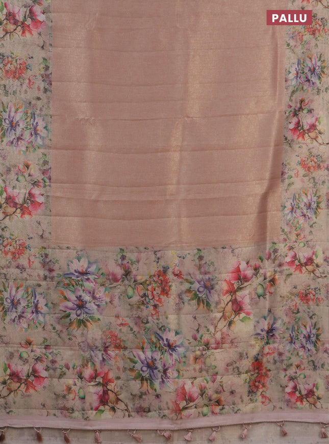 Tissue saree peach orange with allover zari weaves and floral digital printed border