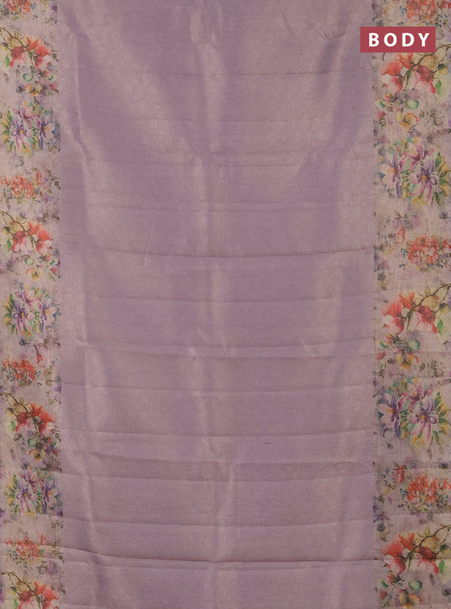 Tissue saree mild lavender with allover zari weaves and floral digital printed border