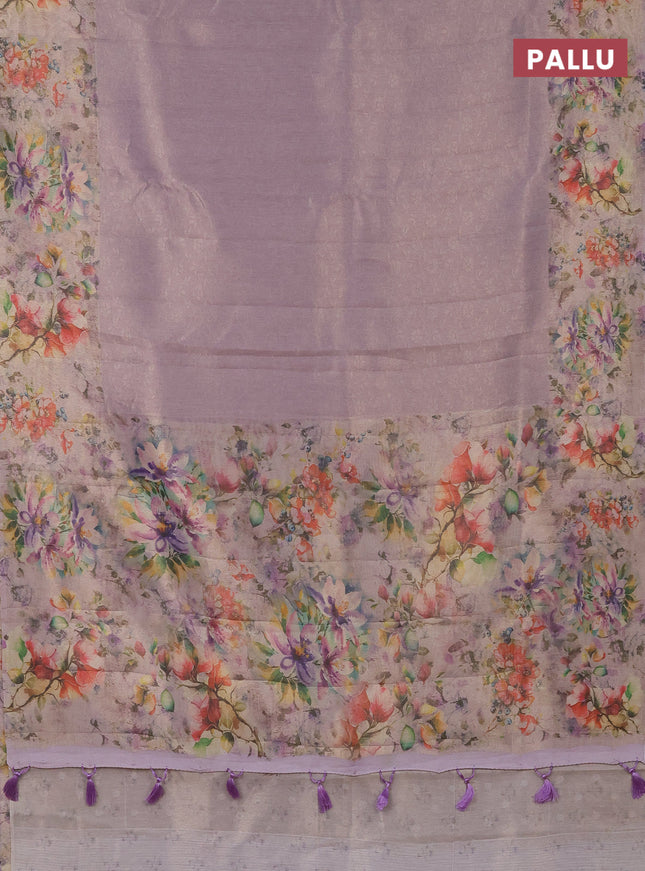Tissue saree mild lavender with allover zari weaves and floral digital printed border