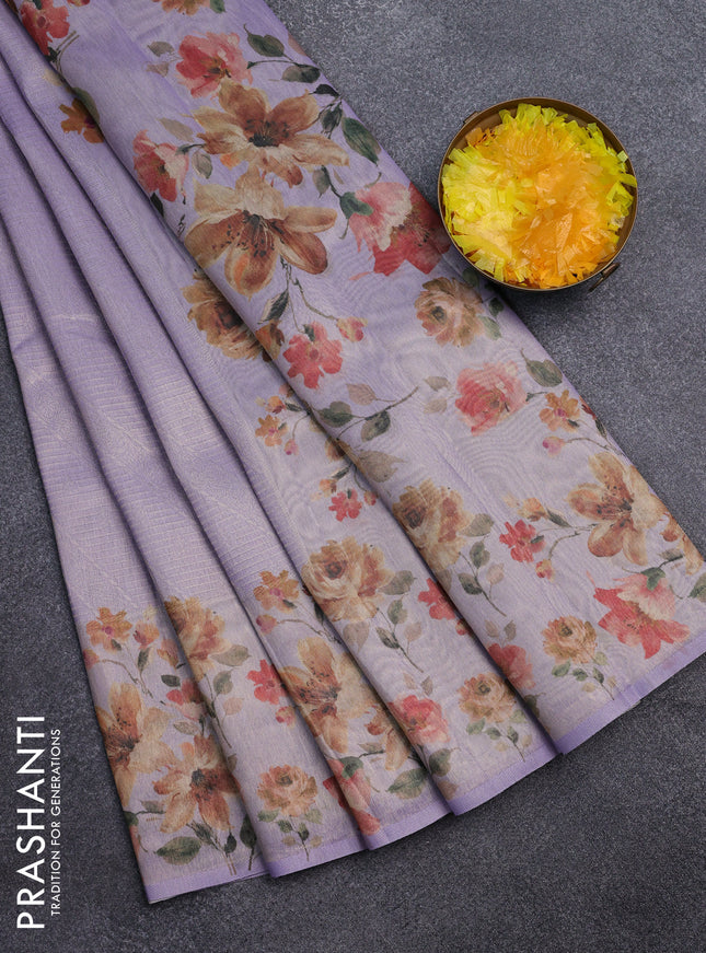 Tissue saree pastel lavender with allover zari weaves and floral digital printed border