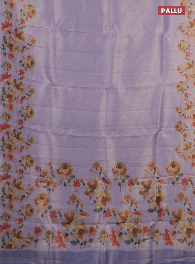 Tissue saree pastel lavender with allover zari weaves and floral digital printed border