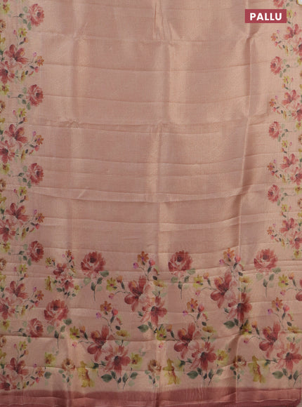 Tissue saree peach shade with allover zari weaves and floral digital printed border