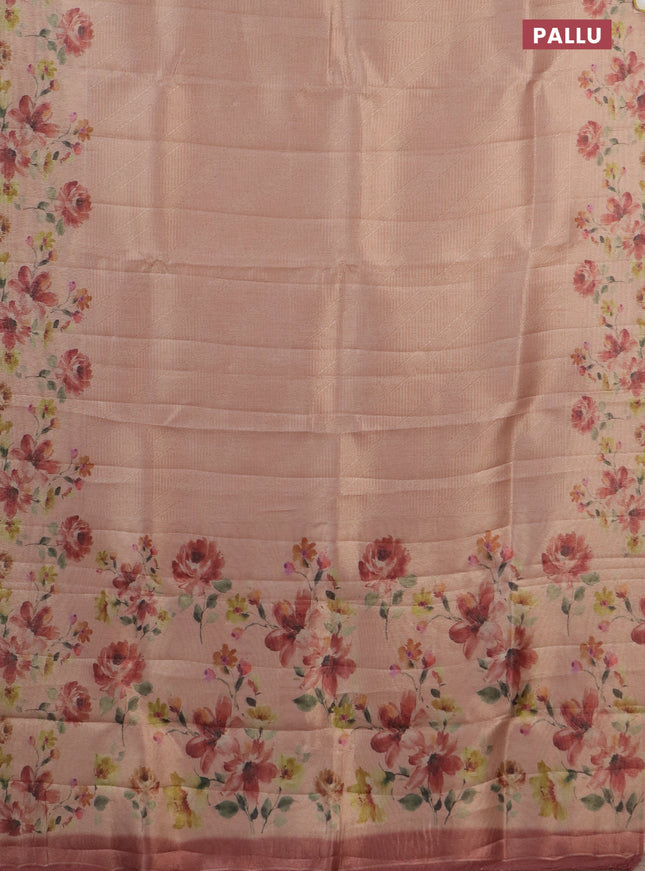 Tissue saree peach shade with allover zari weaves and floral digital printed border